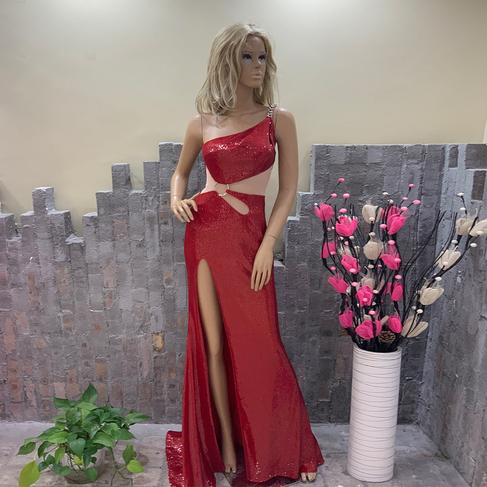One Shoulder Red Sequins Cutout Dress
