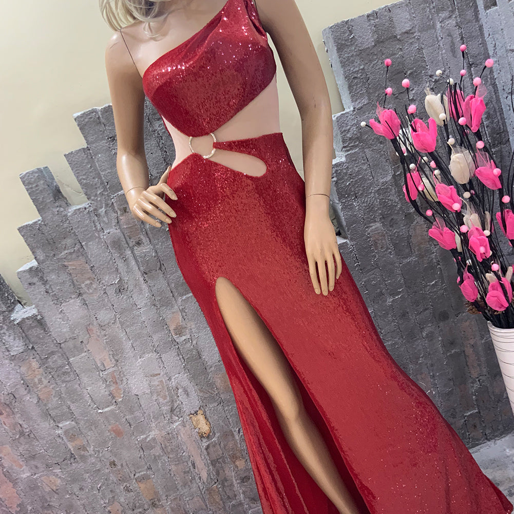 One Shoulder Red Sequins Cutout Dress