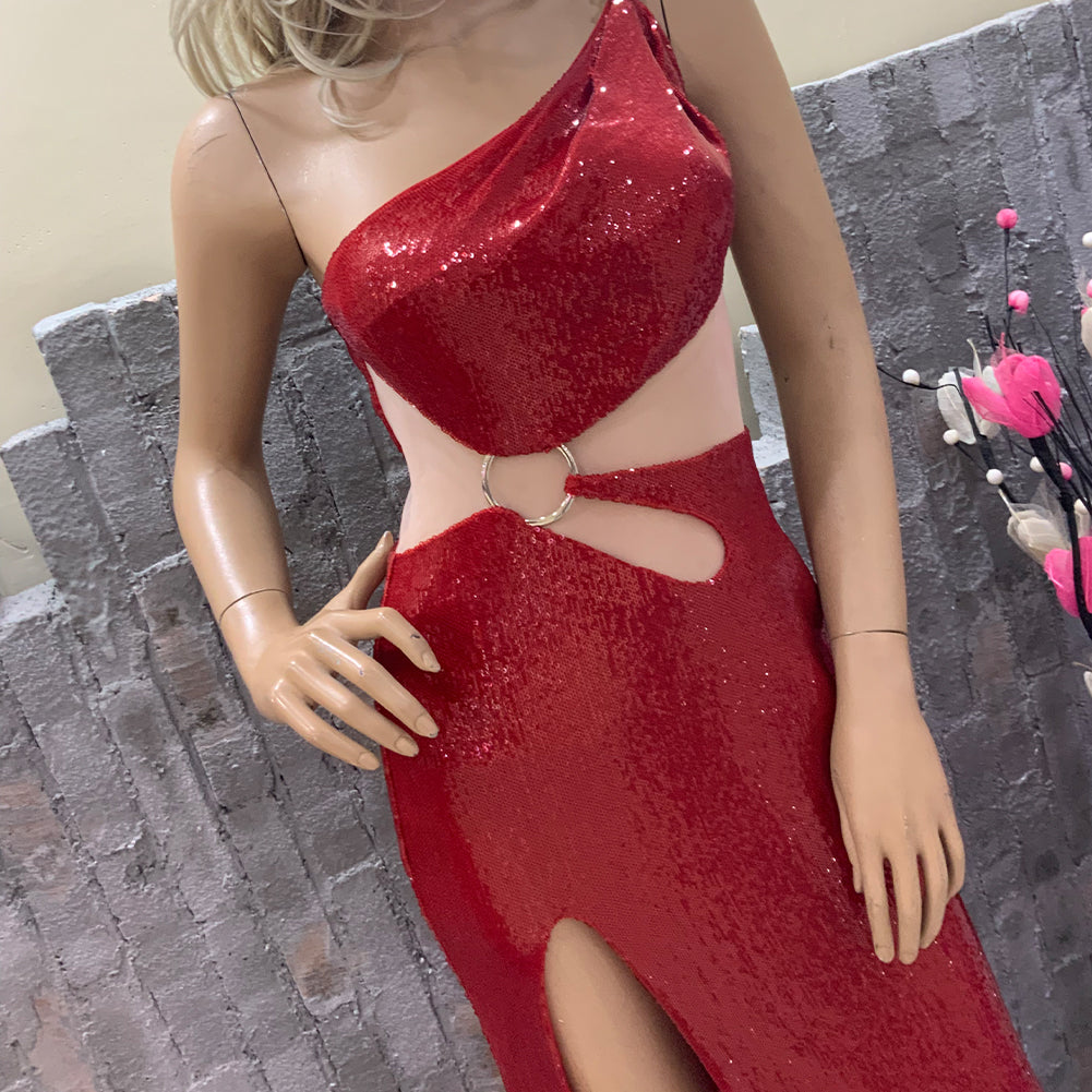 One Shoulder Red Sequins Cutout Dress