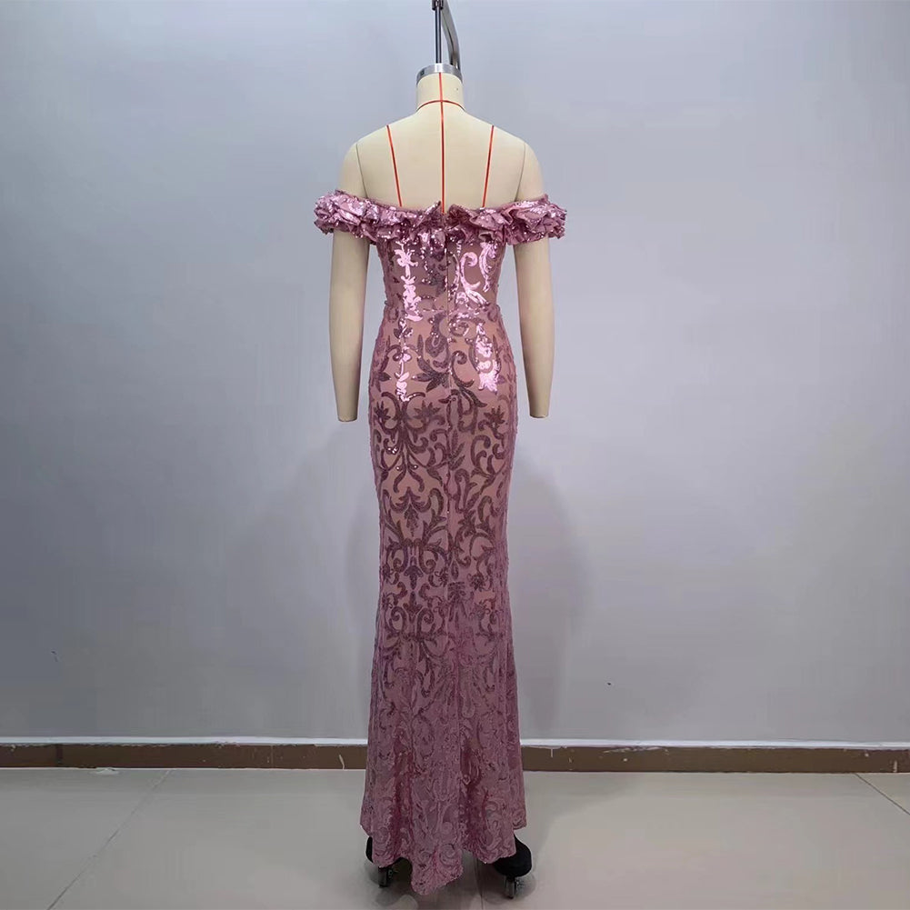 Pink See-Through Crystal Maxi Dress