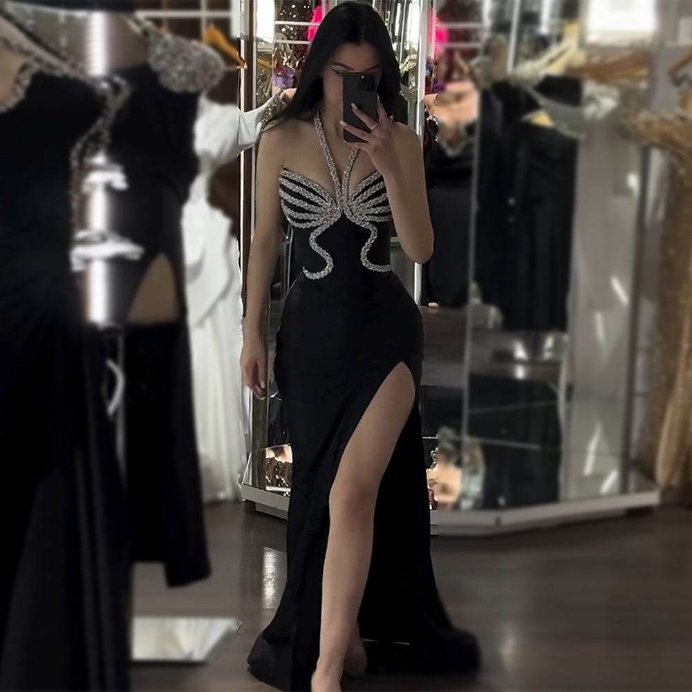 Black Silver Halter Side Slit Maxi Bodycon Dress