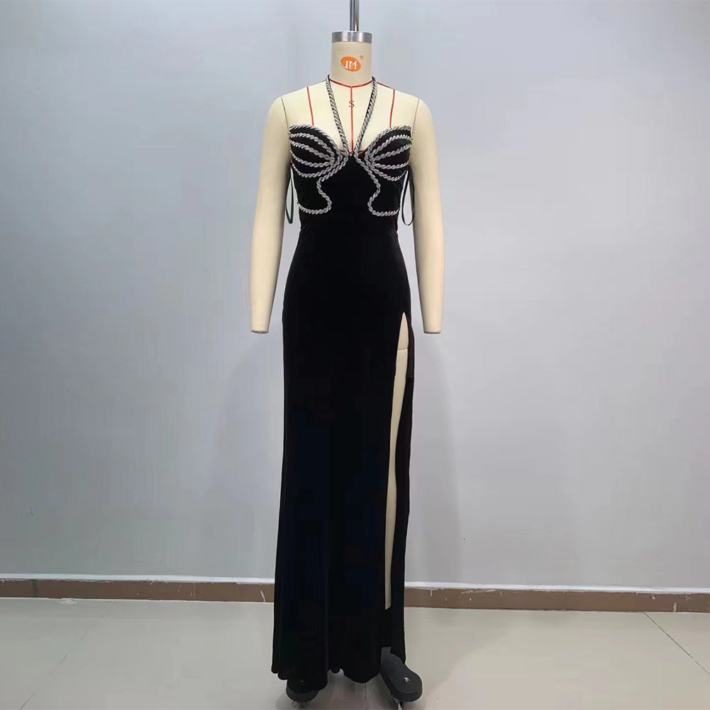 Black Silver Halter Side Slit Maxi Bodycon Dress