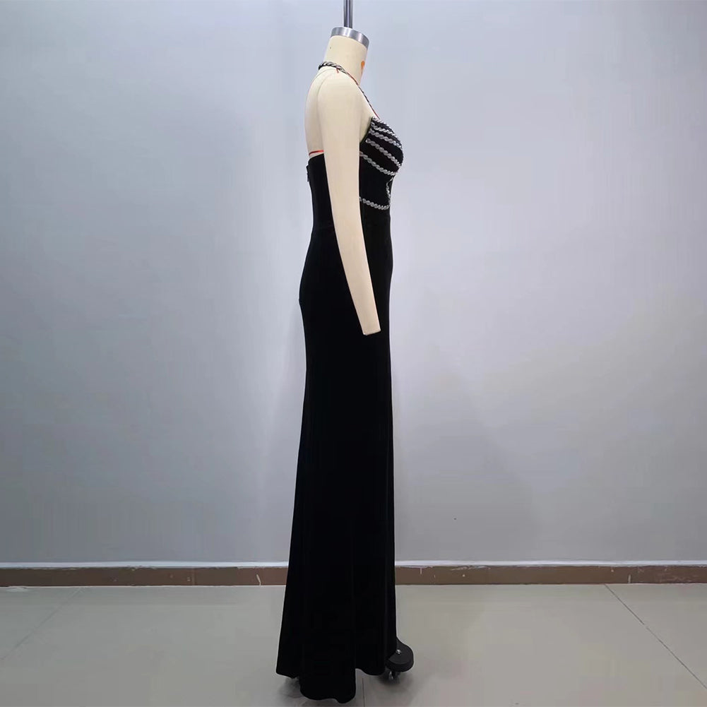 Black Silver Halter Side Slit Maxi Bodycon Dress