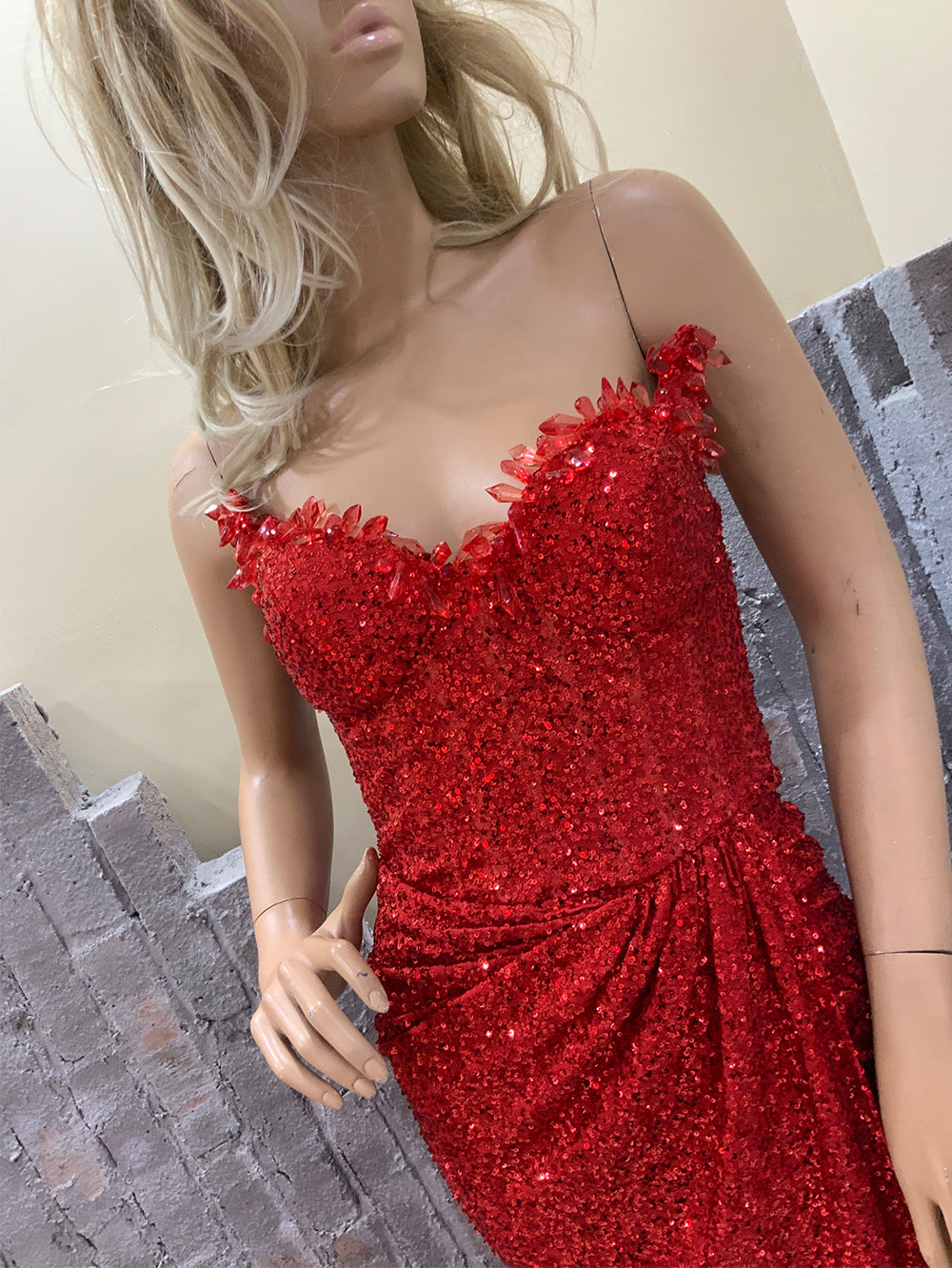 Red Beaded Rucher Slit Dress