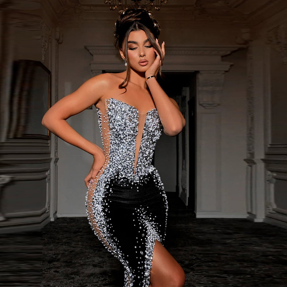 Black Silver Glittering Sequins Strapless Splits Gown