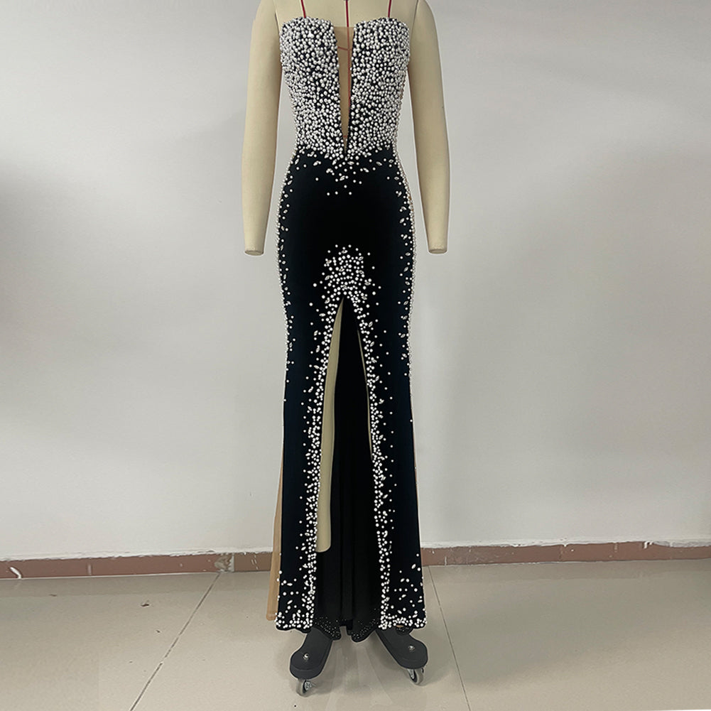 Black Silver Glittering Sequins Strapless Splits Gown