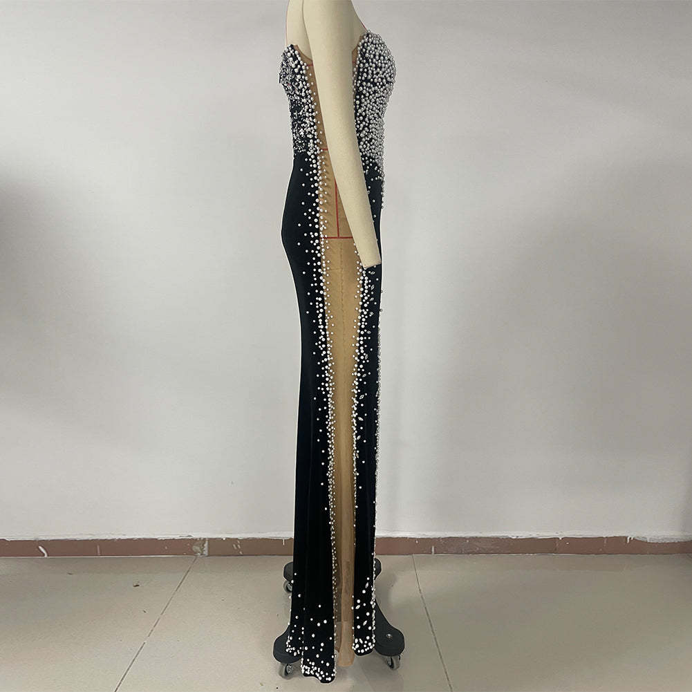 Black Silver Glittering Sequins Strapless Splits Gown