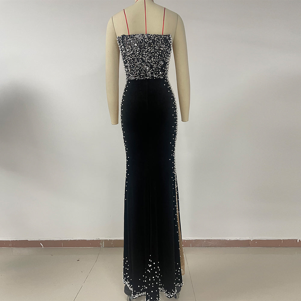 Strapless Sleeveless Pearl Maxi Bodycon Dress HT21090