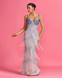 Crystal Strap Corset Fringe Maxi Dress