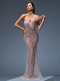 Sequin Detail Beaded Mesh Evening Gown