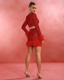 Feather Trim Sequin Mesh Prom Dress