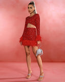 Feather Trim Sequin Mesh Prom Dress