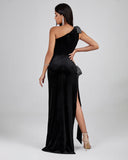 Velvet One Shoulder Crystal Maxi Dress