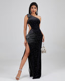 Velvet One Shoulder Crystal Maxi Dress