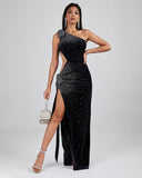 Velvet One Shoulder Crystal Maxi Dress