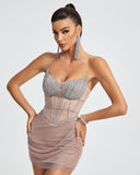 Strapless Mesh Crystals Corset Mini Dress