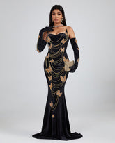 Golden Butterfly Ornamented Maxi Dress With Gloves