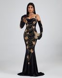 Golden Butterfly Ornamented Maxi Dress With Gloves