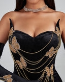 Golden Butterfly Ornamented Maxi Dress With Gloves