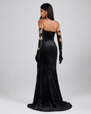 Golden Butterfly Ornamented Maxi Dress With Gloves