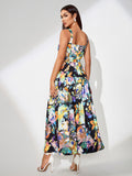 Watercolor Printed Ruffle Maxi Dress