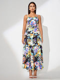Watercolor Printed Ruffle Maxi Dress