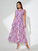 Floral Print Vertical Pleated Maxi Dress