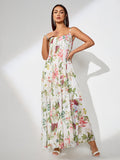 Floral Print Pleated Strap Maxi Dress