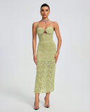 Lace Floral Crystal Chain Bustier Midi Dress