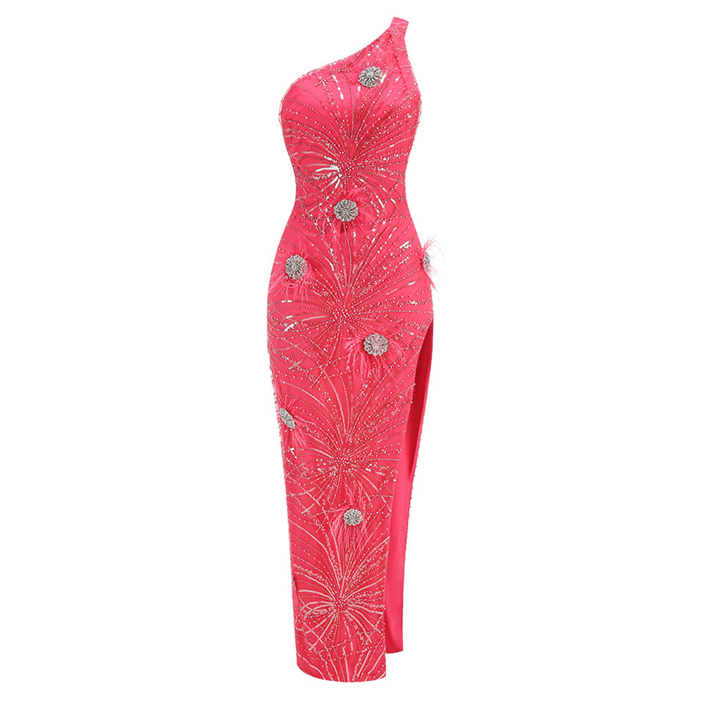 One Shoulder Sleeveless Sequins Maxi Dress KLYB015