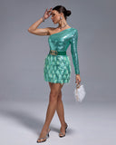 One Shoulder Sequins&Feather Cocktail Dress