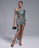 One Shoulder Tokyo Sequins Floral Dress