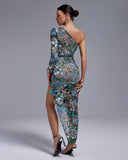 One Shoulder Tokyo Sequins Floral Dress