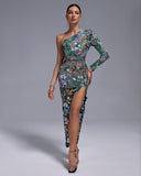 One Shoulder Tokyo Sequins Floral Dress