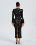 Feather Trim Midi Sequin Evening Dress