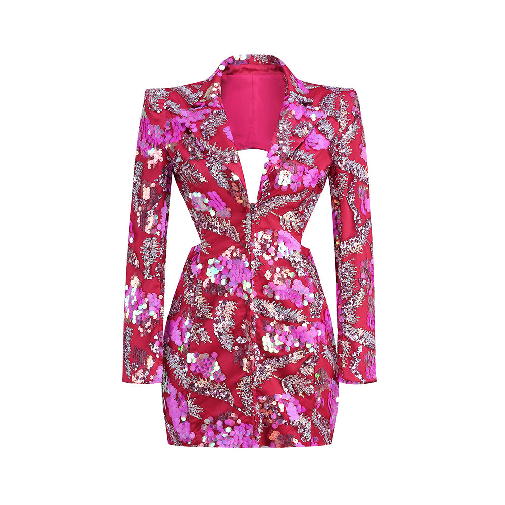 V Neck Long Sleeve Sequins Mini Dress KLYF1085