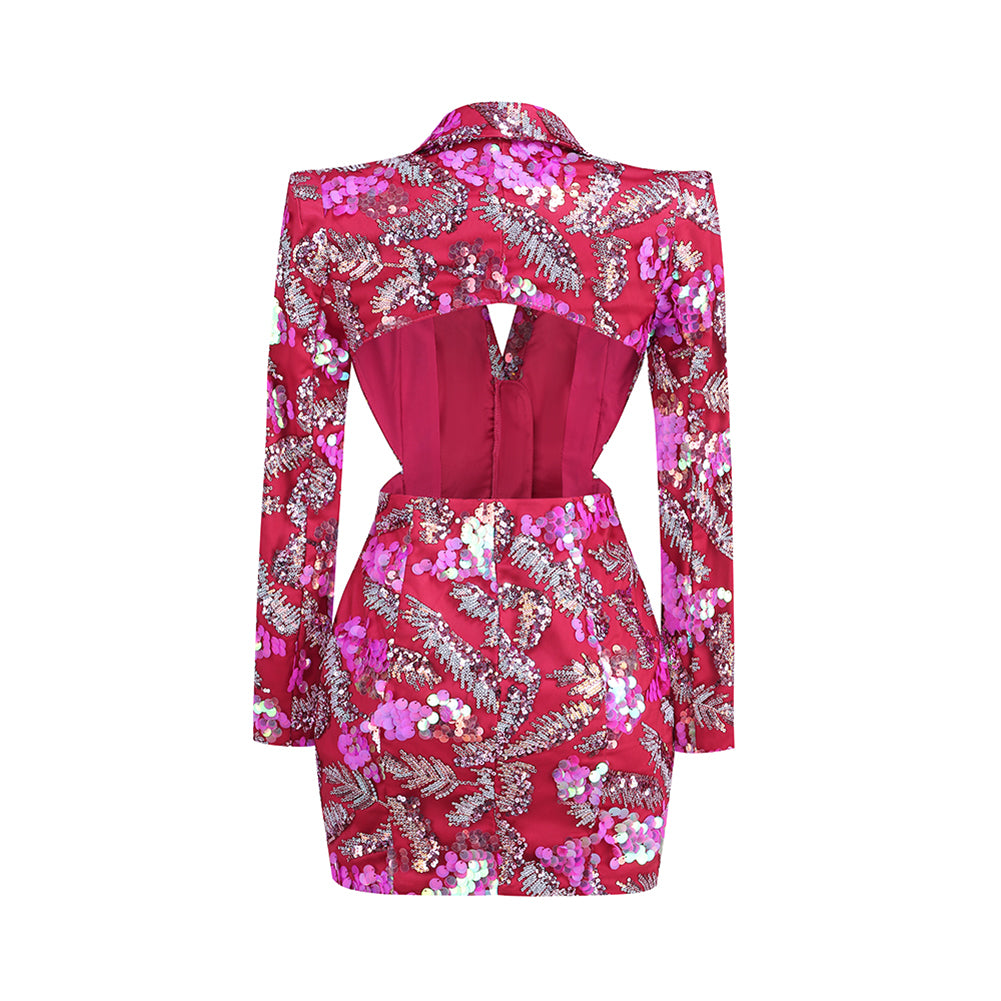 V Neck Long Sleeve Sequins Mini Dress KLYF1085