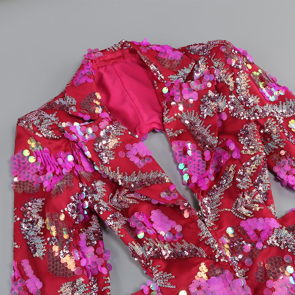 V Neck Long Sleeve Sequins Mini Dress KLYF1085