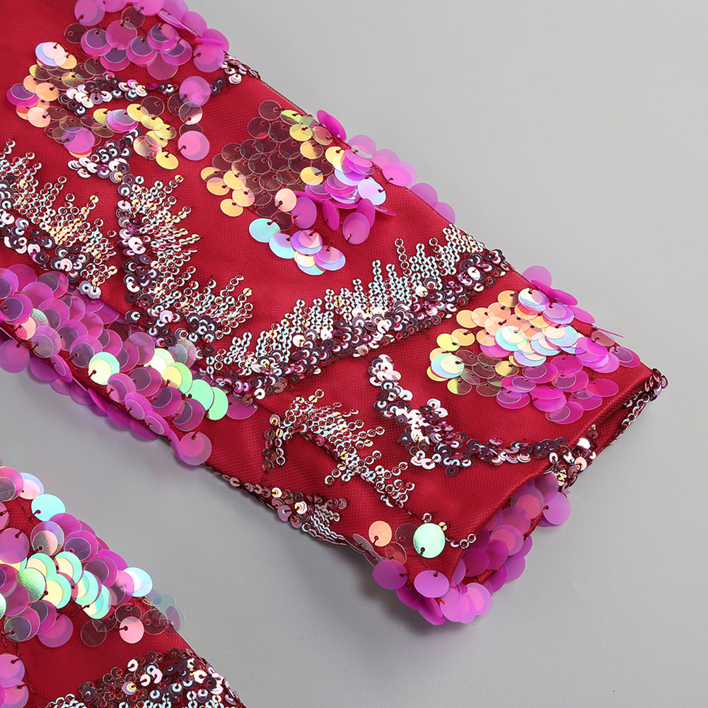 V Neck Long Sleeve Sequins Mini Dress KLYF1085