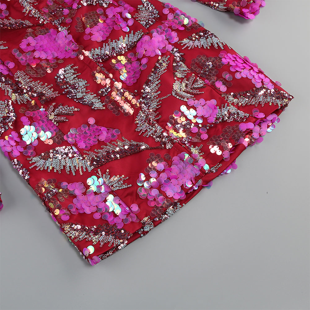 V Neck Long Sleeve Sequins Mini Dress KLYF1085