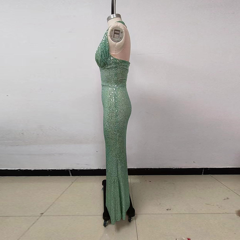 Halter Sleeveless Sequins Maxi Dress KLYF1091