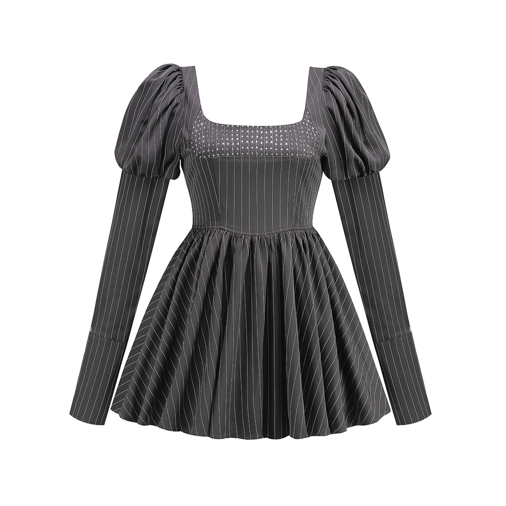 Square Collar Long Sleeve Rhinestone Mini Dress KLYF1100