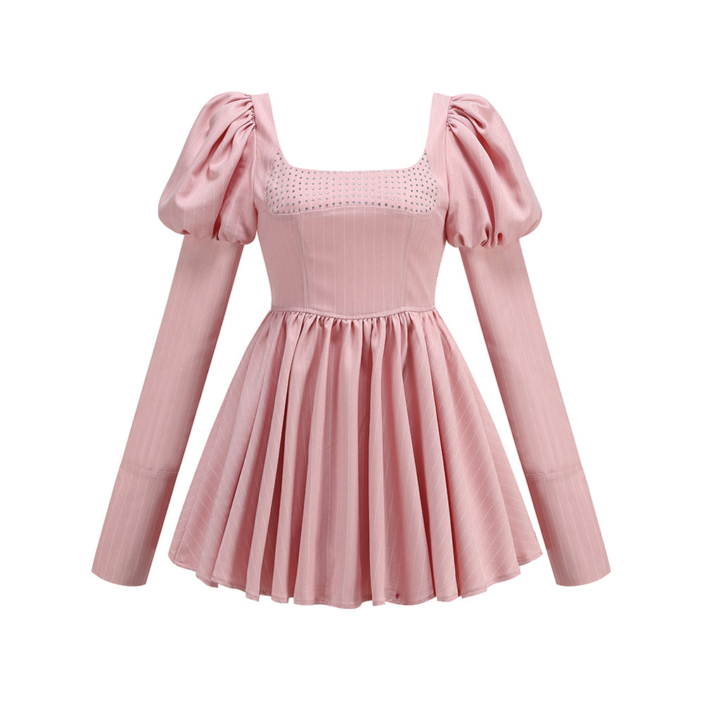 Square Collar Long Sleeve Rhinestone Mini Dress KLYF1100