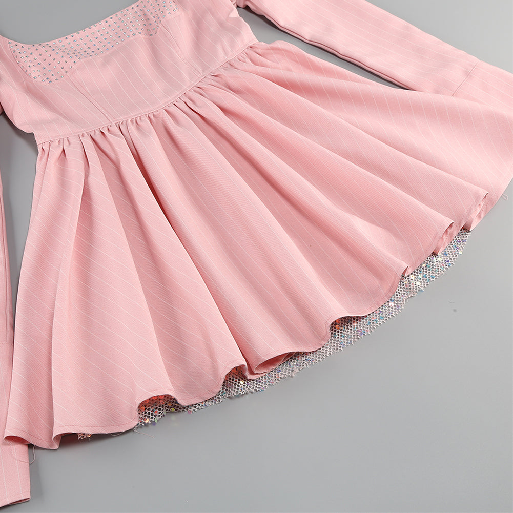 Square Collar Long Sleeve Rhinestone Mini Dress KLYF1100