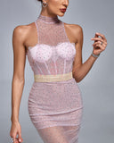 High Neck Gypsophila Crystal Gown With Braided Belt