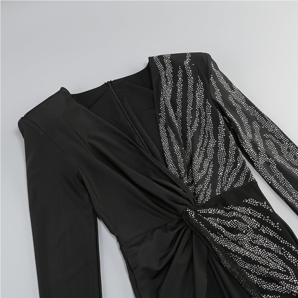 V Neck Long Sleeve Rhinestone Jumpsuit KLYF1105
