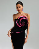 Strapless Velvet Flower Slit Maxi Dress
