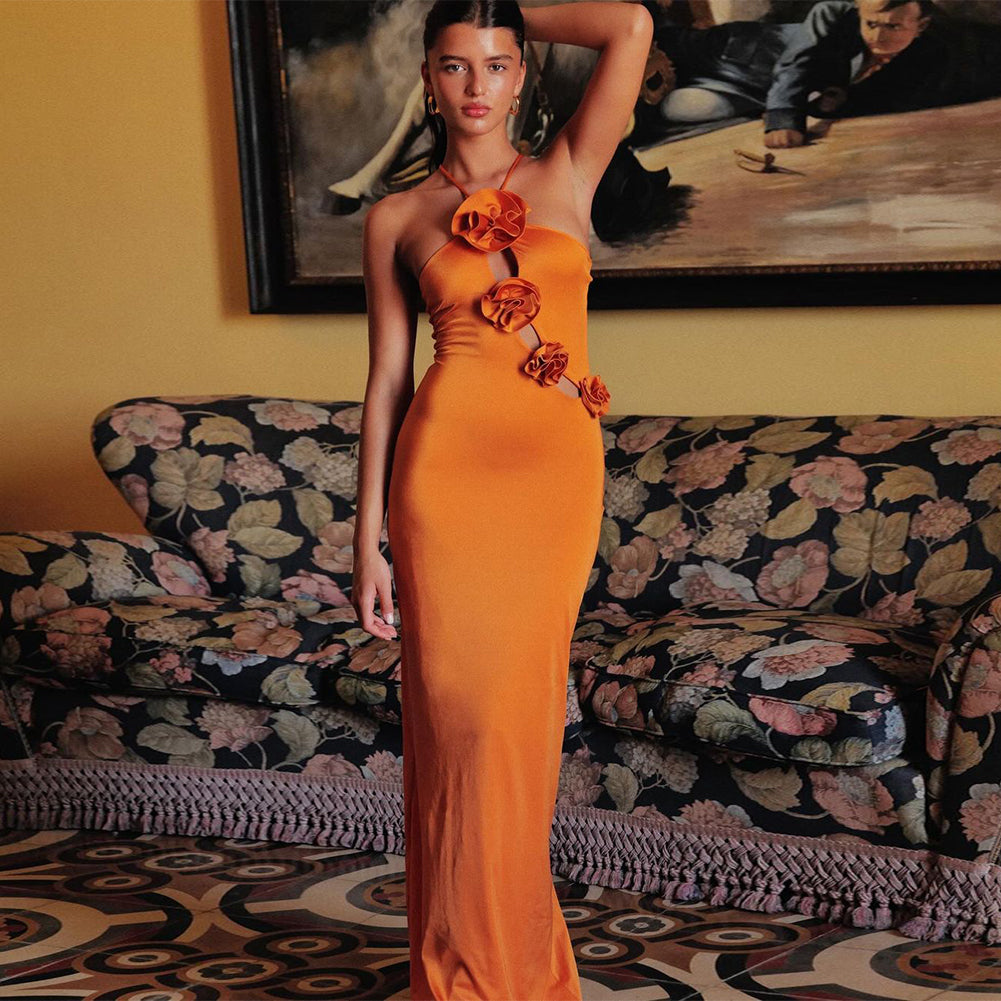 Orange Halter Sleeveless Floral Maxi Dress