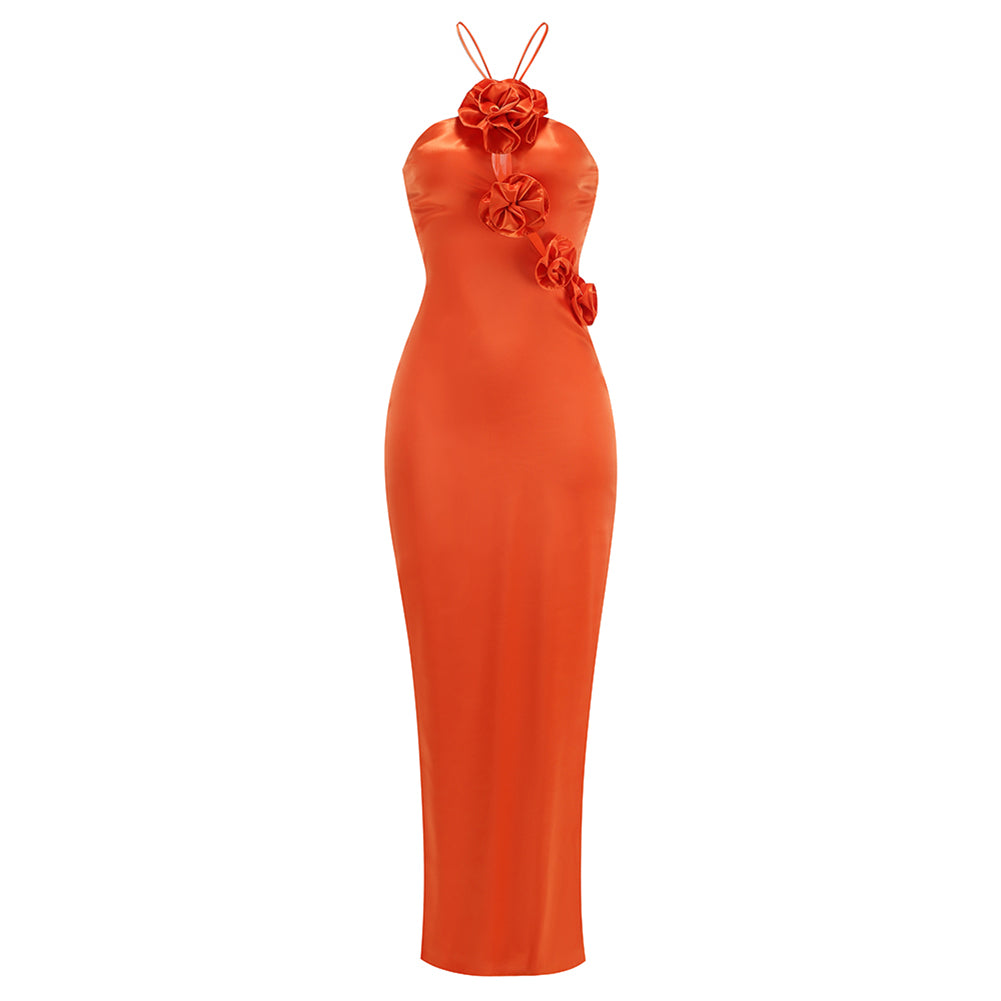 Orange Halter Sleeveless Floral Maxi Dress
