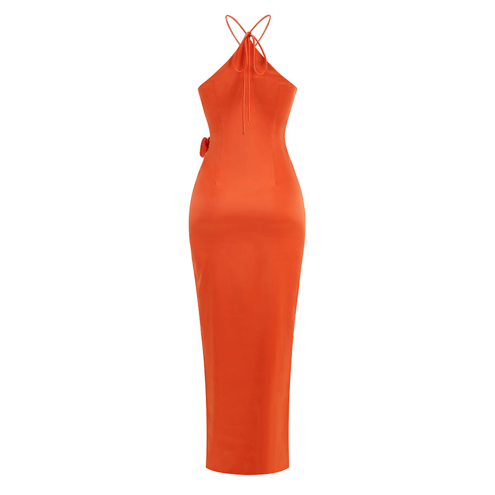 Orange Halter Sleeveless Floral Maxi Dress
